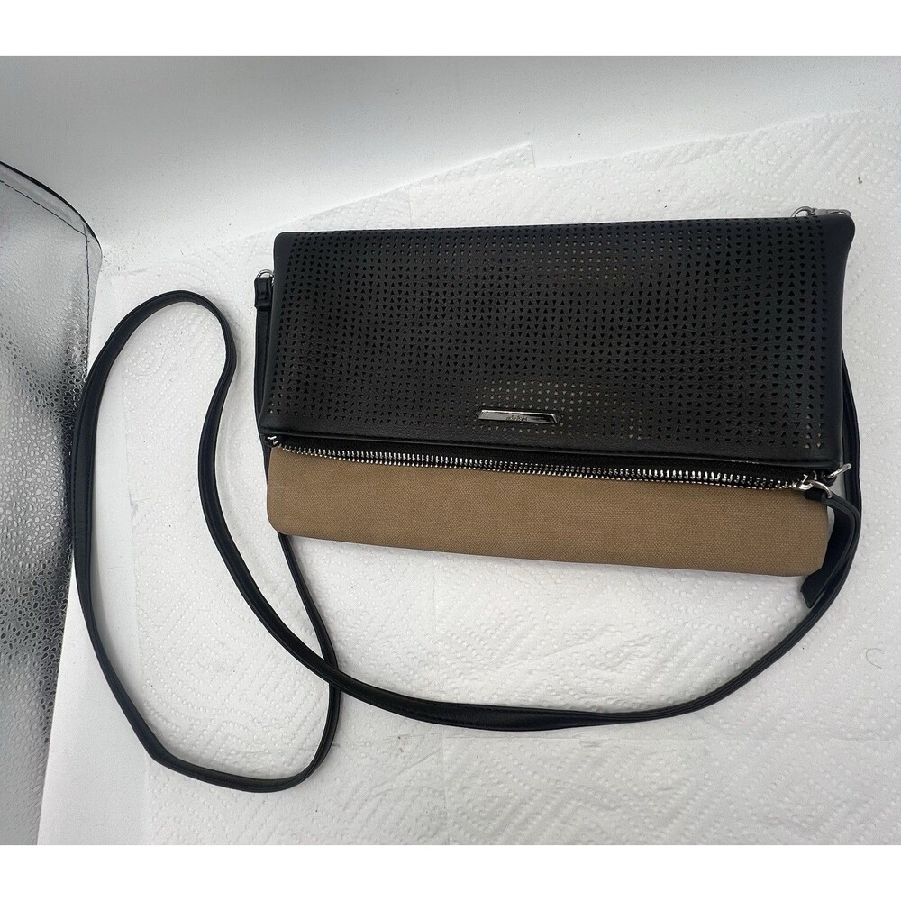 Stella & Dot Waverly Petite Crossbody Bag Black Tan Perforated 3-in-1 Clutch